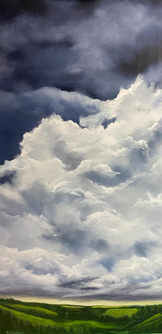 Sans artifice, huile de René-Lyne Charlebois : un ciel immense au-dessus d'une mince bande de terre